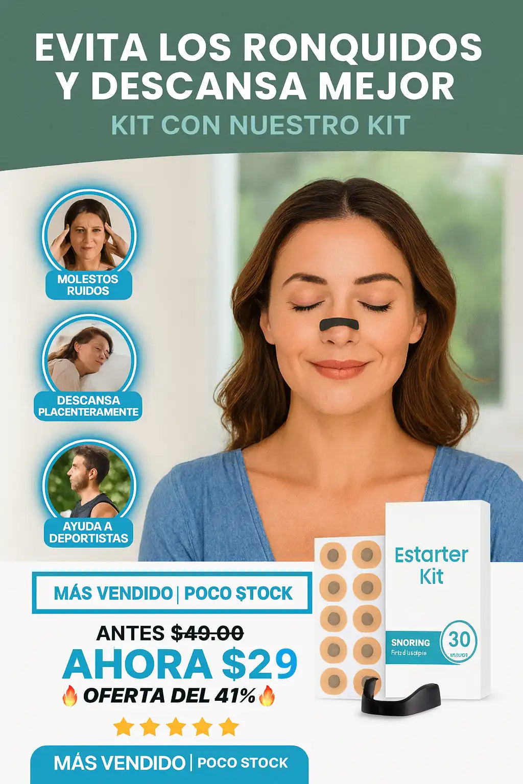 “Dile adiós a los ronquidos. Descansa toda la noche con el KIT Estarter©.”